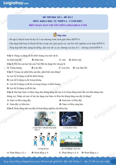 Đề thi học kì 1 KHTN 6 - Cánh diều - Đề số 4